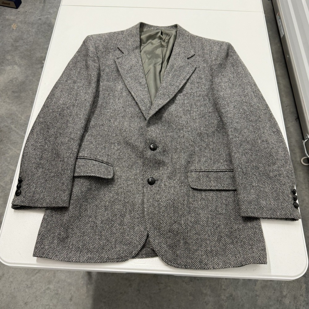 vintage Hampshire Men's Wool Herringbone Blazer Jacket Gray Charcoal Classic Fit